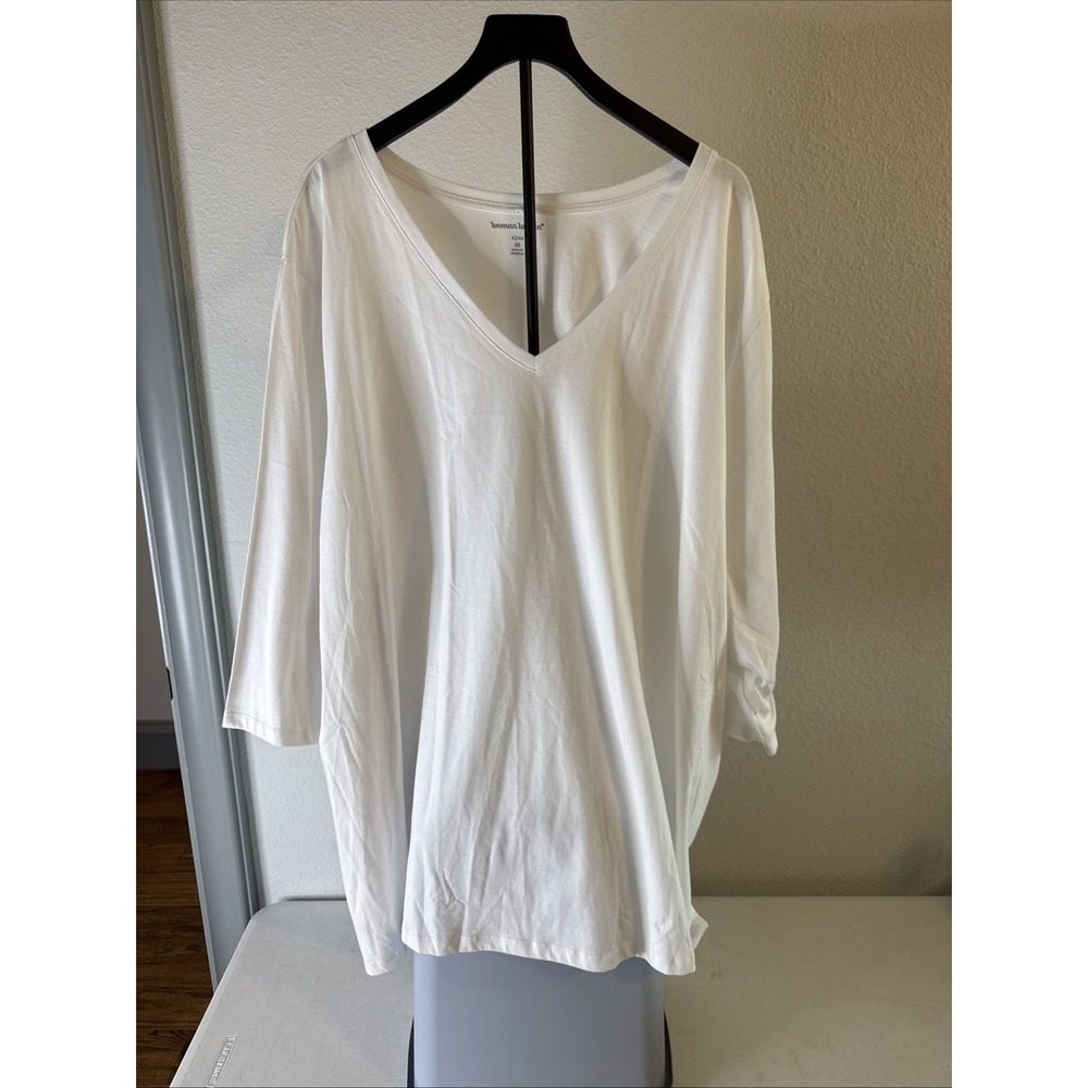 Woman Within 3/4 Sleeve Knit T Shirt V-Neck White Plus Size 6XL